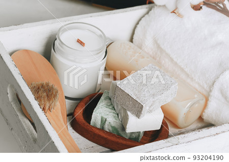 Spa Kit. Shampoo Soap Bar . Shower Gel. Top View 93204190