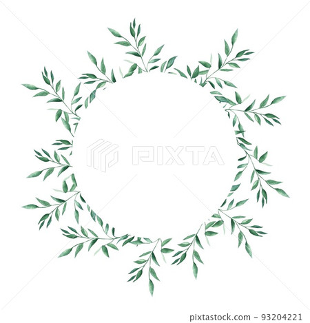Green floral wreath, circle frame isolated on white background. Pistachio branches. For wedding stationery, invitations, save the date, greeting card, logos, stickers, backgrounds. 93204221