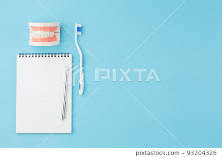 Jaw model with toothbrush on desk. 93204326