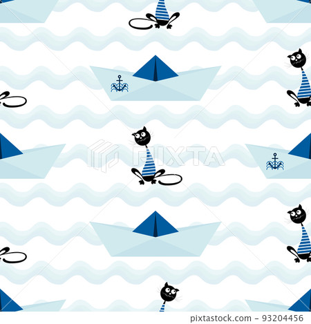 Cat sailor and paper boat with an anchor. Seamless pattern. Design of a nautical pattern with paper boats and a cat on a wavy background for children textiles. Vector illustration Cat sailor and paper boat with an anchor. Seamless pattern. Design of a nautical pattern with paper boats and a cat on a wavy background for children textiles. Vector illustration 93204456
