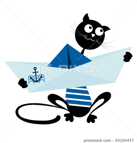 Cat sailor with a paper boat. Design of marine drawing with a paper boat, a cat for childrens textiles. Vector illustration isolated on a white background. Cat sailor with a paper boat. Design of marine drawing with a paper boat, a cat for childrens textiles. Vector illustration isolated on a white background. 93204457