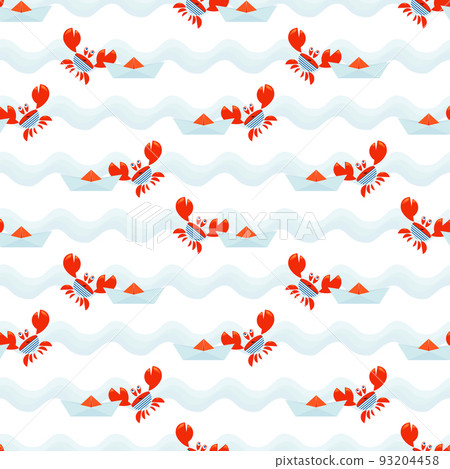 Crab sailor and paper boat on the waves. Seamless pattern. Design of sea pattern with paper boats and crabs for childrens textiles. Vector illustration Crab sailor and paper boat on the waves. Seamless pattern. Design of sea pattern with paper boats and crabs for childrens textiles. Vector illustration 93204458