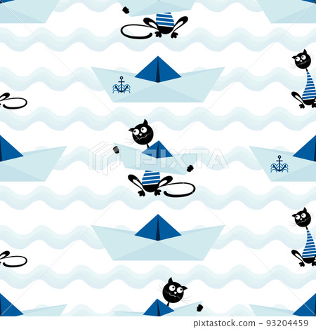Cat sailor with a paper boat. Seamless pattern of marine drawing with a paper boat, a cat for childrens textiles. Vector illustration Cat sailor with a paper boat. Seamless pattern of marine drawing with a paper boat, a cat for childrens textiles. Vector illustration 93204459