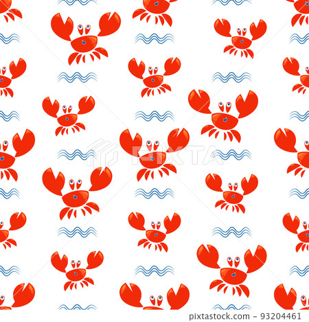 Funny red crabs and waves. Seamless pattern. Cute kids pattern for girls and boys. Bright crabs on a white background create a cheerful cartoon drawing, marine wallpaper. Funny red crabs and waves. Seamless pattern. Cute kids pattern for girls and boys. Bright crabs on a white background create a cheerful cartoon drawing, marine wallpaper. 93204461