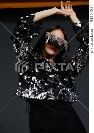 pretty woman shiny jacket fashion sunglasses posing luxury isolated background 93204534