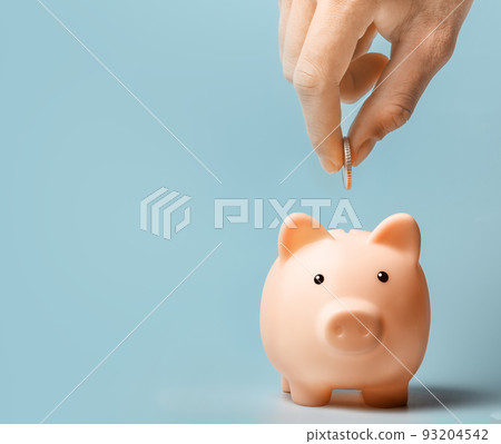 Hand putting coin in the piggy bank Hand putting coin in the piggy bank 93204542