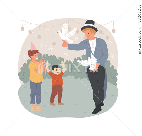 Magician show isolated cartoon vector illustration. Man showing magic tricks to children, outdoor show, amusement park entertainment, kids clapping hands, wizard show, fun fair vector cartoon. 93205213