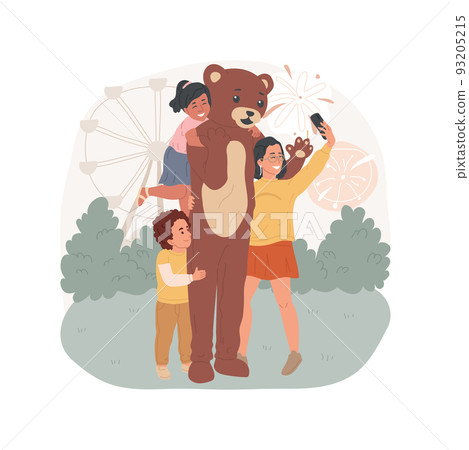 Mascot costume isolated cartoon vector illustration. Fun fair activity, kids hugging man in life-size costume, bear mascot, family in amusement park, taking photo with character vector cartoon. 93205215