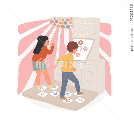 Dance arcade isolated cartoon vector illustration. Children dancing on a pad with arrows, kids party activity, dance machine, coin arcade, gaming club, family leisure time vector cartoon. 93205216