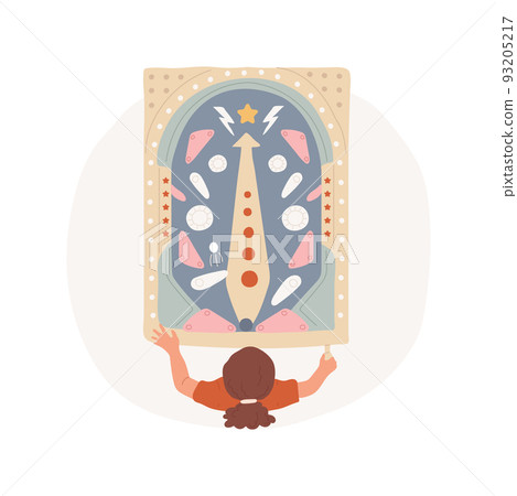 Pinball isolated cartoon vector illustration. Pinball machine, child playing arcade, hold flipper, family leisure time, gaming club for children, bouncing ball game, manipulate vector cartoon. 93205217