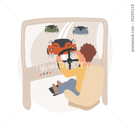 Racing games isolated cartoon vector illustration. Arcades club for children, boy sitting in a chair with a steering wheel, family leisure time, car race on a screen, video game vector cartoon. 93205218