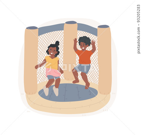 Inflatable play place isolated cartoon vector illustration. Family leisure time, bouncy castle, backyard play place, fun activity for kids, inflatable toy, children jumping vector cartoon. 93205283