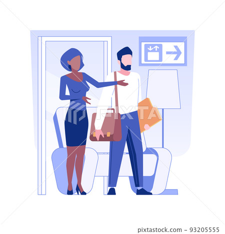Conference facility isolated concept vector illustration. Hotel administrator meets the client, greeting a guest, business travel, hotel service, accommodation facility vector concept. 93205555
