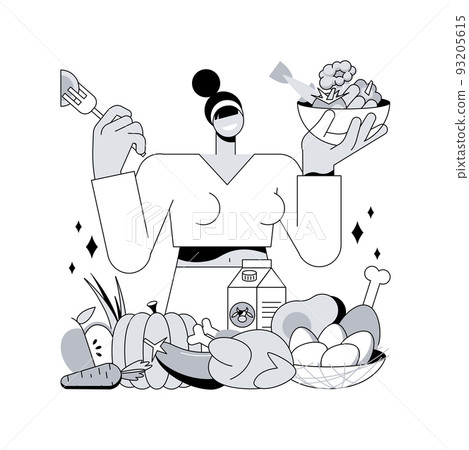 Dukan diet abstract concept vector illustration. Weight-loss diet, low carb food diet plan, fat-free dairy, oat bran, vegetarian proteins, limiting carbohydrates, burn fat abstract metaphor. 93205615