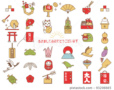 可用於新年賀卡等的新年插圖集。線條畫和彩色版 可用於新年賀卡等的新年插圖集。線條畫和彩色版 93206665