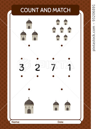 Count and match game with mosque. worksheet for preschool kids, kids activity sheet Count and match game with mosque. worksheet for preschool kids, kids activity sheet 93206891