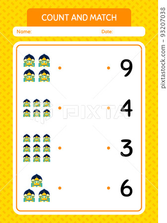 Count and match game with mosque. worksheet for preschool kids, kids activity sheet 93207038