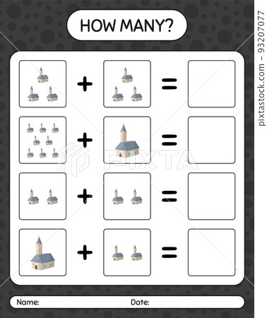 How many counting game with church. worksheet for preschool kids, kids activity sheet How many counting game with church. worksheet for preschool kids, kids activity sheet 93207077
