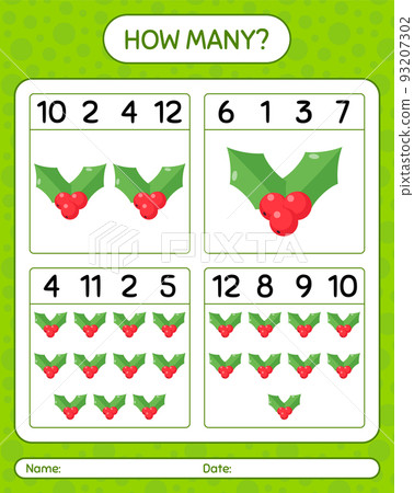 How many counting game with holly berry. worksheet for preschool kids, kids activity sheet How many counting game with holly berry. worksheet for preschool kids, kids activity sheet 93207302