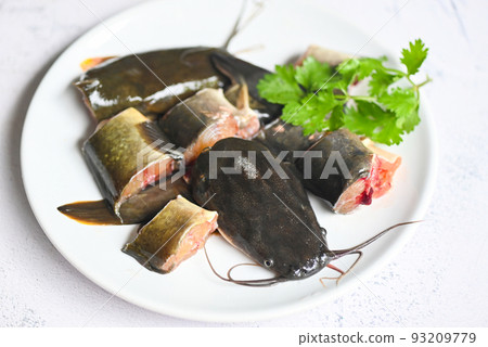 catfish fillet on white plate, fresh raw catfish menu freshwater fish, catfish for cooking food, fish chopped with ingredients coriander catfish fillet on white plate, fresh raw catfish menu freshwater fish, catfish for cooking food, fish chopped with ingredients coriander 93209779