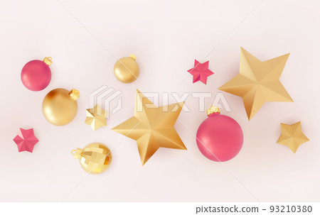 Merry Christmas and Happy New Year. Festive background with 3D realistic Christmas decorations. Merry Christmas and Happy New Year. Festive background with 3D realistic Christmas decorations. 93210380