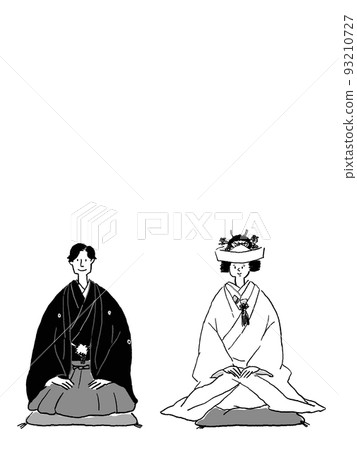 Bride and groom in kimono sitting on a cushion and sitting straight, (hidden corner), vertical 93210727