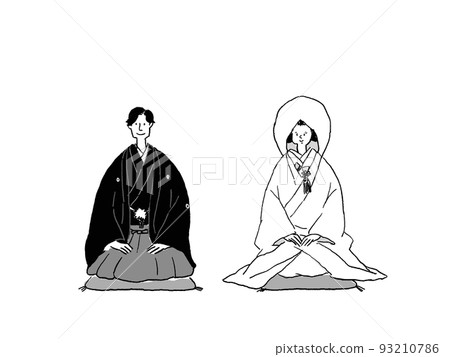 Bride and groom in kimono sitting on a cushion and sitting straight, (cotton hat), sideways 93210786