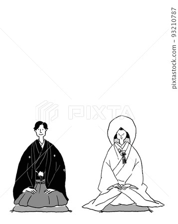 新娘和新郎穿著和服坐在墊子上，坐直，（棉帽），垂直 93210787
