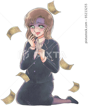 Showa manga style, middle-aged female office worker worried about money 93213255