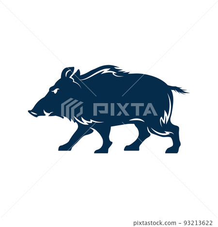 Hog with tusks portrait isolated wild boar silhouette, side view. Vector pig muzzle, wild hog dangerous aggressive forest swine portrait. Profile of forest animal, hunting sport trophy, t-shirt print 93213622