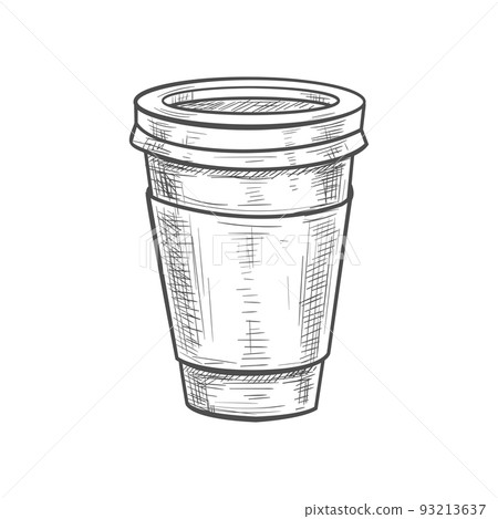 Coffee cup with lid isolated takeaway drink sketch. Brown Vector disposable tea or cocoa glass with cover 93213637