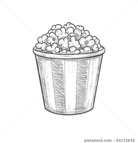 Popcorn in striped bucket isolated movie food. Vector fastfood snack, salted or salted corn seeds 93213638