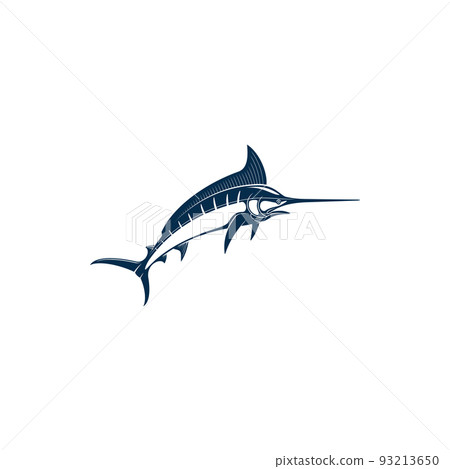 Swordfish blue icon isolated long toms fish. Vector marlin, broadbills saltfish with long flattened swordlike snout, fishing sport trophy. Predatory game fish with long, flat bill, family Xiphiidae 93213650
