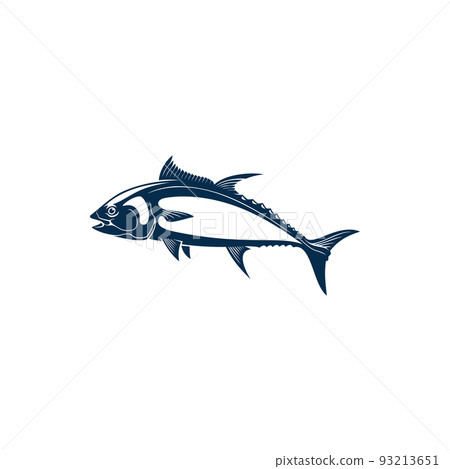 Scombridae saltwater fish isolated bluefin tuna. Vector aquatic animal, atlantic tuna blue hand drawn icon. Vector Pacific tunny with flounders, mackerel fishing sport emblem, bluefish mascot 93213651