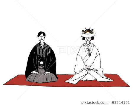 新娘和新郎穿著日本服裝坐在地毯上,坐在 seiza,(隱藏的角),側身 新娘和新郎穿著日本服裝坐在地毯上,坐在 seiza,(隱藏的角),側身 93214191