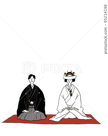 Bride and groom in kimono sitting on a rug and sitting in seiza, (horizontal), vertical 93214198
