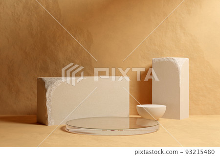Beige stone room with glass podium. Two white sandstone blocks and half-sphere on natural beige stone with soft shadow. Concept of shop product or cosmetic display stand background, mock up. 3d render 93215480