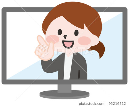 Illustration of a woman explaining from a computer screen Illustration of a woman explaining from a computer screen 93216512