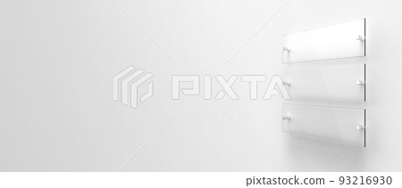 Three blank transparent glass interior corporate signage plates Mock up template, Clear boards for branding, logo. Transparent acrylic advertising signboards mock-up side view. 3D rendering Three blank transparent glass interior corporate signage plates Mock up template, Clear boards for branding, logo. Transparent acrylic advertising signboards mock-up side view. 3D rendering 93216930