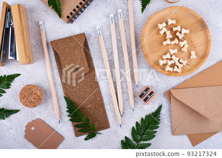 Eco wooden craft stationery. Sustainable life concept Eco wooden craft stationery. Sustainable life concept 93217324