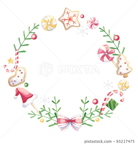 Merry Christmas wreath with fir branches, sweets and gingerbread, white background. 93217475