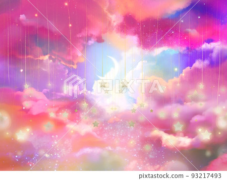 夢幻般的可愛星星漂浮在彩虹色的雲海中的少女幻想景觀插圖 93217493