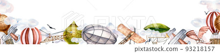 Seamless banner of retro aircrafts watercolor illustration on white backgrounds. 93218157