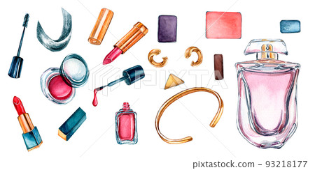 Banner of make up set with perfume watercolor illustration isolated on white background. 93218177