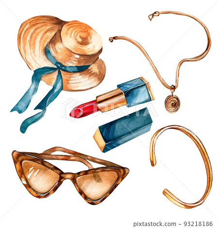 Set of female accessories watercolor illustration isolated on white 93218186