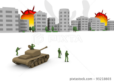 進攻城市。士兵和坦克。士兵在戰場上戰鬥。用武器攻擊。戰爭現場。 93218603