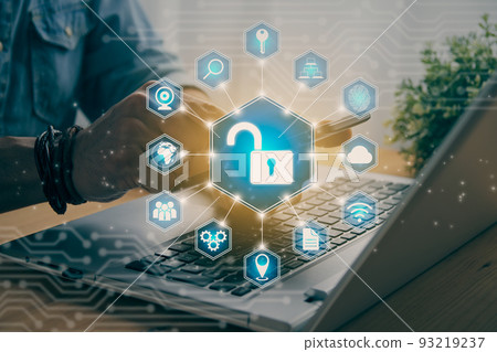 Casual Businessman Hand Touching Mobile Phone and Blue Hexagonal Unlock Security Sign in Vintage Tone Casual Businessman Hand Touching Mobile Phone and Blue Hexagonal Unlock Security Sign in Vintage Tone 93219237