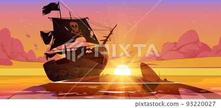 Pirate ship stuck on shallow in sea at sunset time 93220027