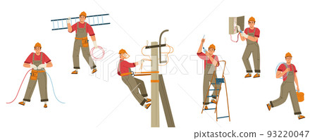 Electrician worker with tools, ladder and wires 93220047