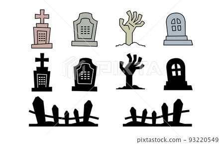 Illustration material of a grave, a fence and a zombie hand. 93220549